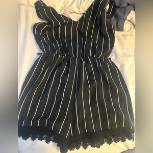 Aqua Black and White Striped Romper